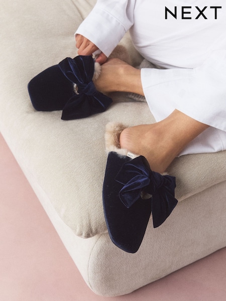 Navy - Velvet Bow Mule Slippers