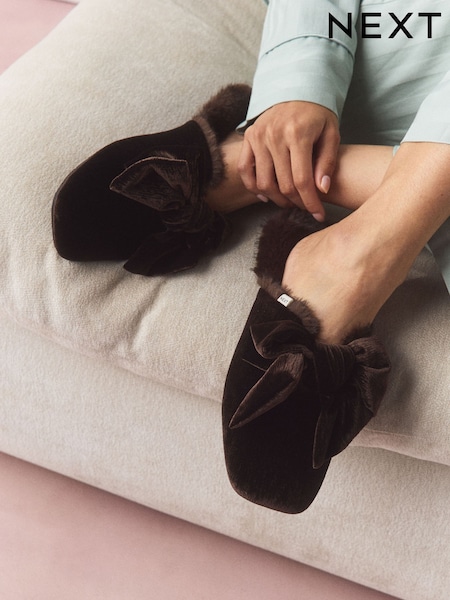 Chocolate Brown - Velvet Bow Mule Slippers