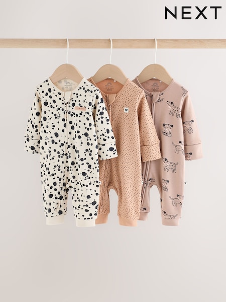 Brown Dog - Two Way Zip Baby Sleepsuits 3 Pack (0-3yrs)