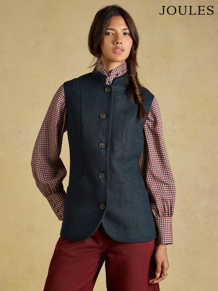 Tmavomodrá se vzorem rybí kosti - Tweed Wool Blend Nehru Collar Gilet