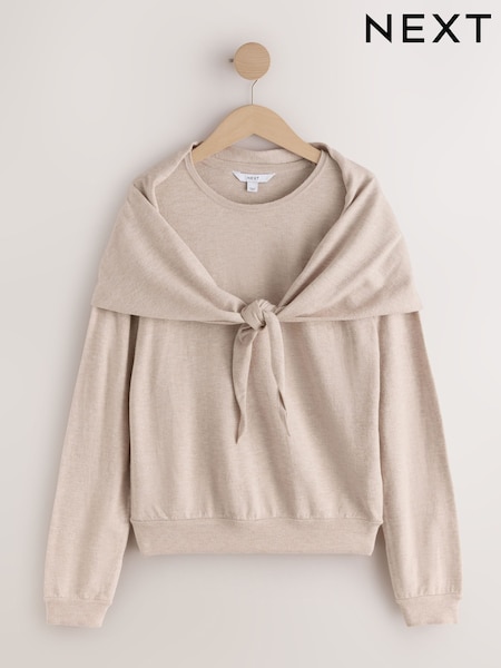 בצבע בז' - Scarf Detail Long Sleeve Knit Look Top