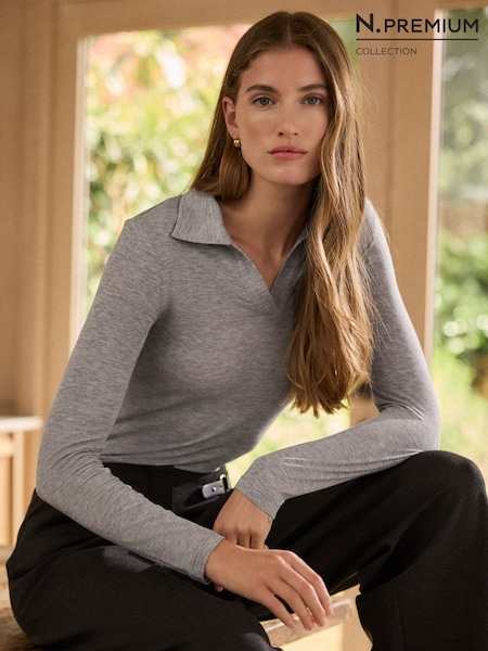 Grey - N. Premium Open Collar Long Sleeve Top