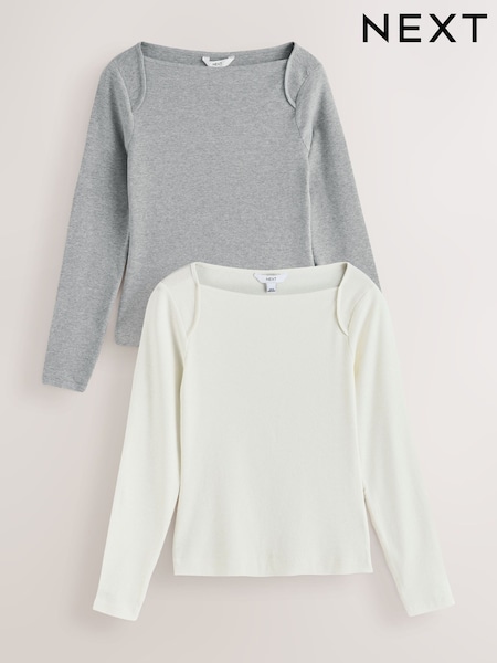 Grey/White - Long Sleeve Ribbed Boat Neck Tops 2 Pack