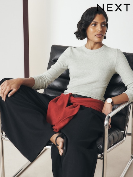 Grey - Long Sleeve Ribbed Crew Neck Top