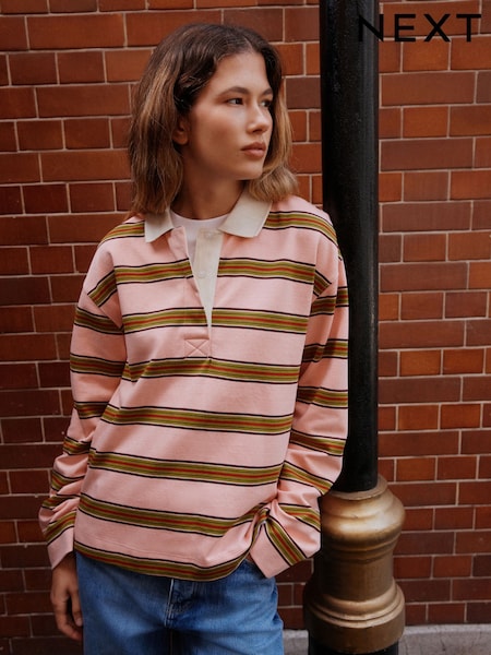 Pink/green Stripe - Long Sleeve Rugby Polo Top