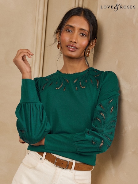 Teal Blue - Love & Roses Broderie Piecrust Long Sleeve Top
