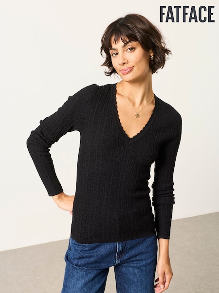 Black - Fatface Knitted Sparkle Vee Top