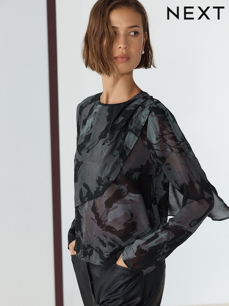 Navy Horse Print - Long Sleeved Cape Top