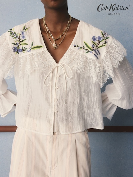Blue - Cath Kidston Embroidered Floral Ruffle Blouse