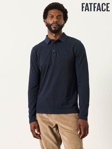 Navy - Regular Fatface Long Sleeve Pique Polo Shirt