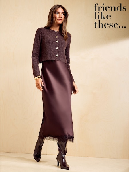 Chocolate Brown - Friends Like These Cosy Button Through Cardi Slip Midi Dress