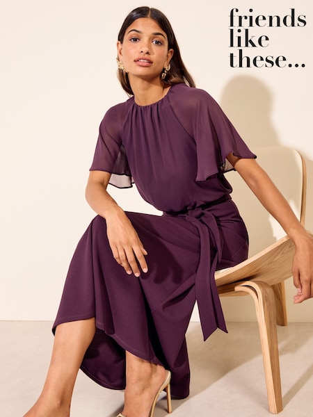Aubergine Purple - Friends Like These Jersey Chiffon Flutter Sleeve Midi Dress