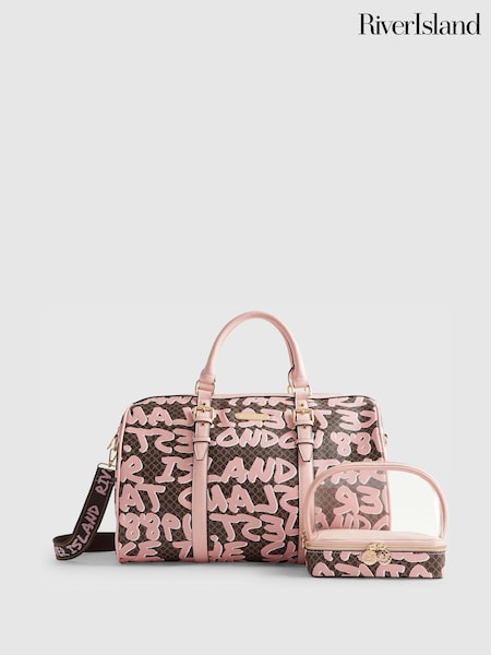 River Island Brown Graffiti Monogram Barrel Bag Bundle (H04586) | AED419