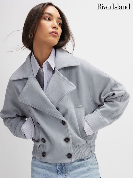 River Island Blue Faux Suede Collared Bomber Jacket (H04598) | SGD 114