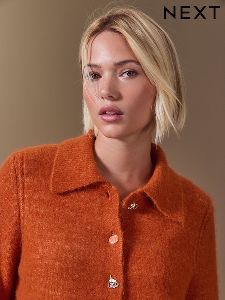 Orange Autumn Button - Yunlu toxunmuş yaxalı kardiqan