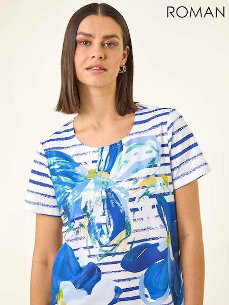 Roman Blue Floral Stripe Print Stretch Top (H04737) | ₪251