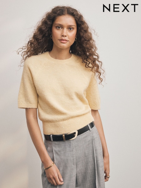 Light Yellow - Knitted Short Sleeve Jumper