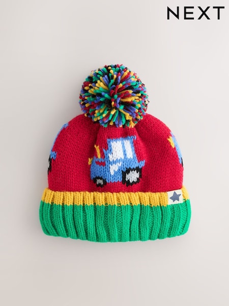 Red Colourful Tractor - Embroidered Pom Beanie (3mths-16yrs)
