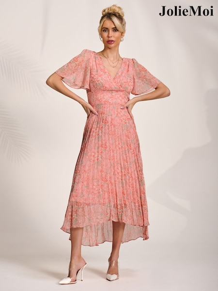Jolie Moi Pink Floral Pleated Dip Hem Maxi Dress (H04825) | $149