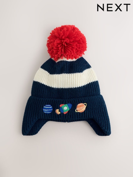 Navy/Stripe/Space - Embroidered Pom Beanie (3mths-16yrs)