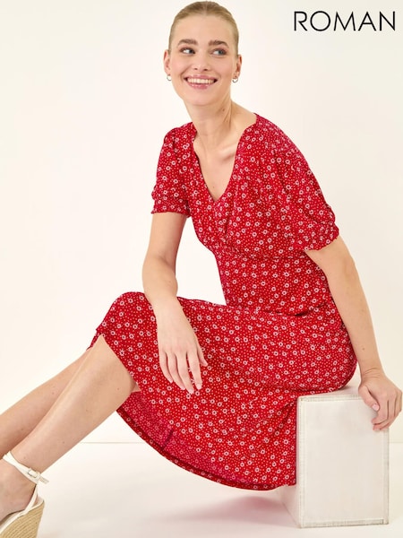 Roman Red Spot Print Gathered Stretch Dress (H04849) | SGD 97