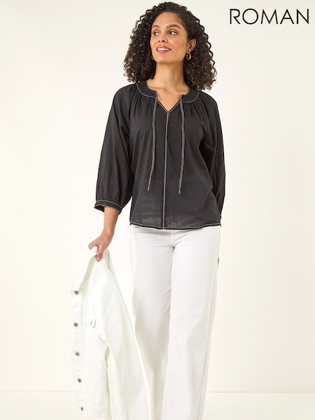 Negro - Roman Stitch Detail Tie Front Top (H04850) | 64 €