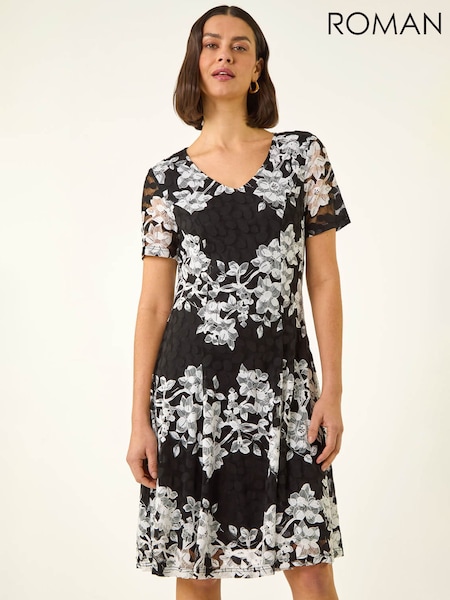 Roman Black Floral Lace Stretch Dress (H04856) | AED364