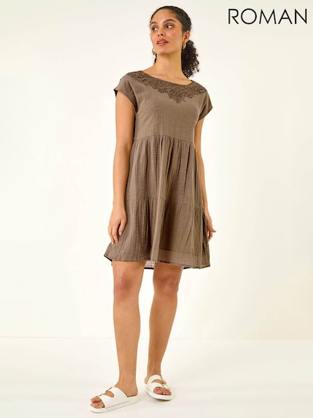 Roman Green Cotton Trim Detail Mini Dress (H04863) | $120