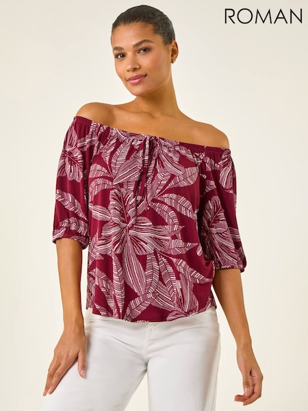 Roman Red Floral Puff Print Bardot Top (H04883) | AZN 127