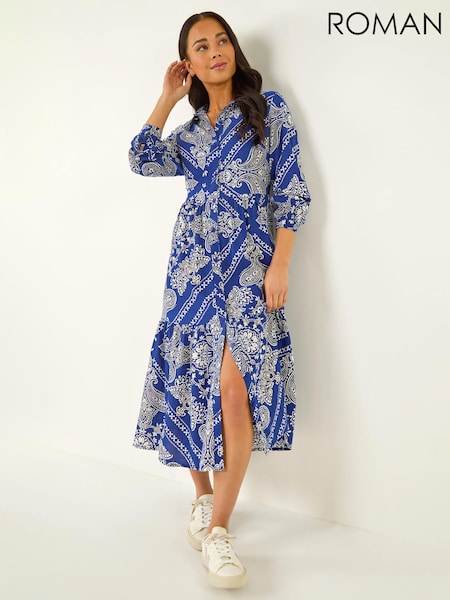 Roman Blue Petite Print Tiered Shirt Midi Dress (H04956) | €69