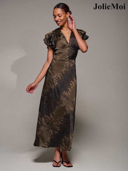Jolie Moi Brown Ruffle Sleeve Print Satin Maxi Dress (H05097) | ¥ 15,240