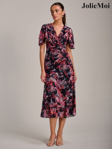 Jolie Moi Black Ruffle Detail Ruched Mesh Midaxi Dress (H05098) | kr1 335