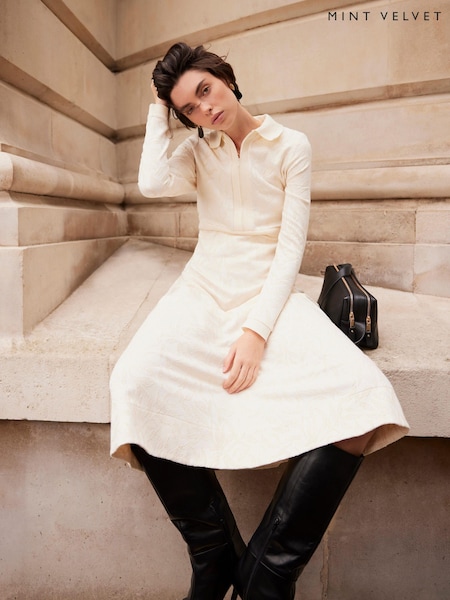 Mint Velvet White Jacquard Zip Midi Dress (H05109) | SGD 232