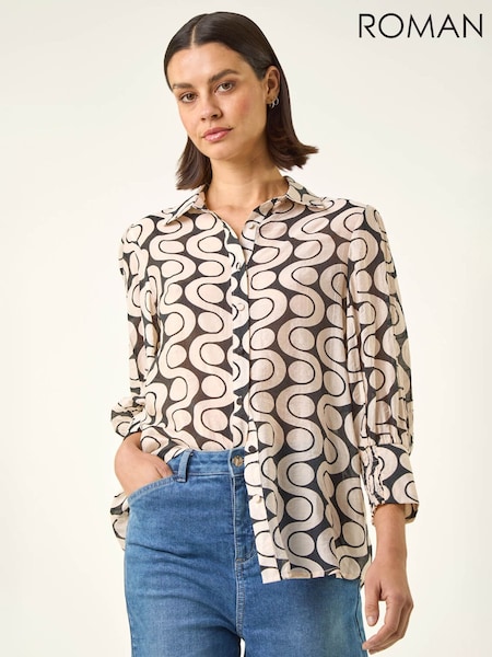 Roman Black Geometric Print Collared Shirt (H05132) | AED306