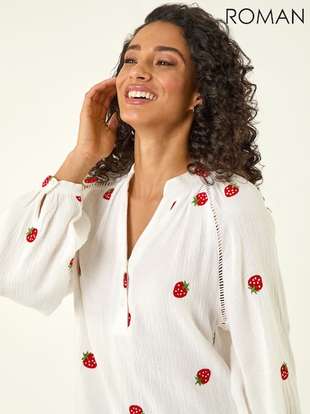 Roman White Strawberry V-Neck Tunic Top (H05142) | ₪330