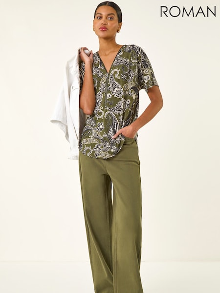 Roman Green Paisley Print Zip Front Top (H05151) | SGD 81