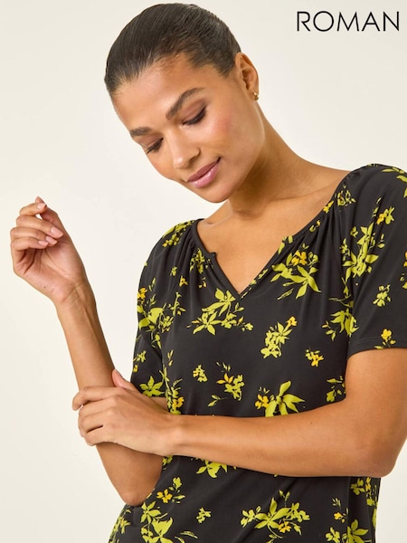 Roman Green Floral Print Gathered Stretch Top (H05164) | $87