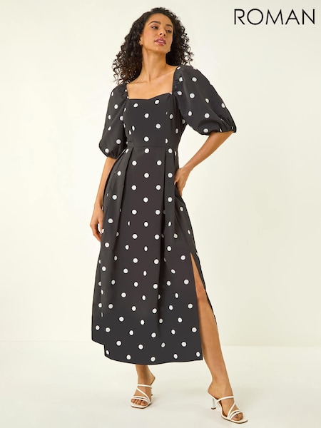 Roman Black Polka Dot Midi Dress (H05165) | €98