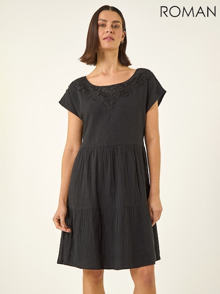 Roman Black Cotton Trim Detail Mini Dress (H05172) | AED349