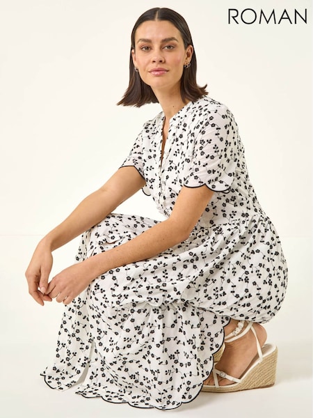 Roman Black Embroidered Buttoned Midi Dress (H05192) | $144