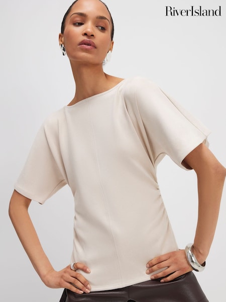 River Island Natural Faux Suede Short Sleeve Ruched Side Top (H05204) | 225 SAR