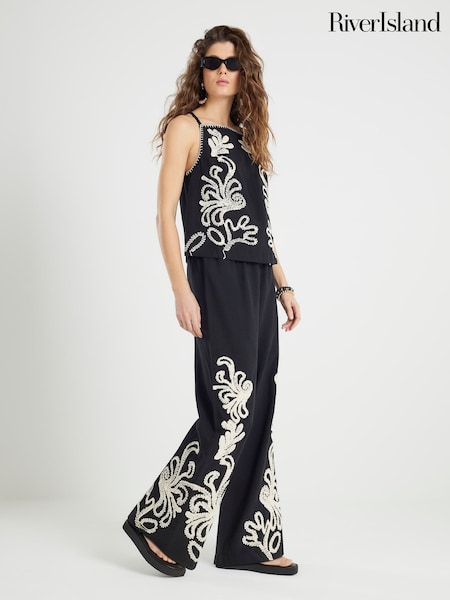 River Island Black Craft Stitch Embroidery Wide Leg Trousers (H05210) | €69