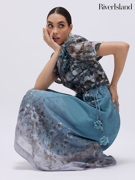 River Island Blue Short Sleeve Floral Midi Dress (H05219) | AED705