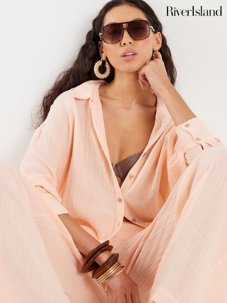 River Island Pink Long Sleeve Crinkle Beach Shirt (H05220) | $87