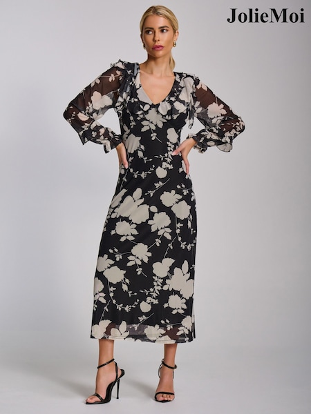 שחור עם פרחים - Jolie Moi Ruffle V-Neck Long Sleeve Mesh Midaxi Dress (H05402) | ‏377‏₪