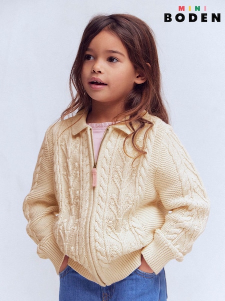 Boden Cream Collared Cable Zip-Up Cardigan (H05456) | AED245 - AED280