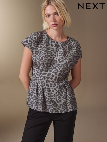 Grey Animal Print - Soft Peplum Short Sleeve Top