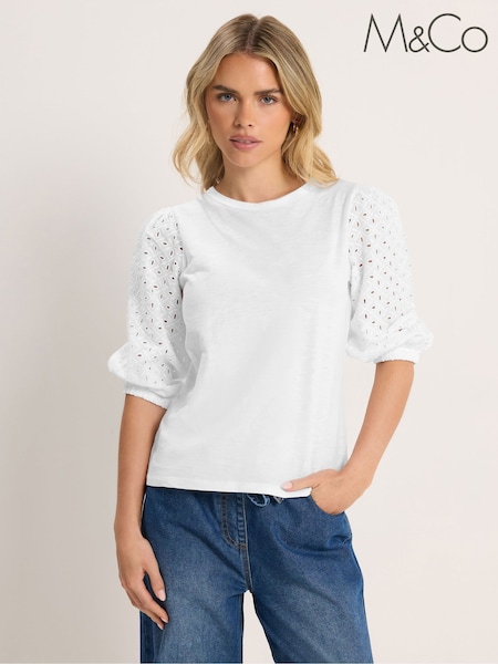 M&Co White Petite Broderie Puff Sleeve Top (H05819) | SGD 50