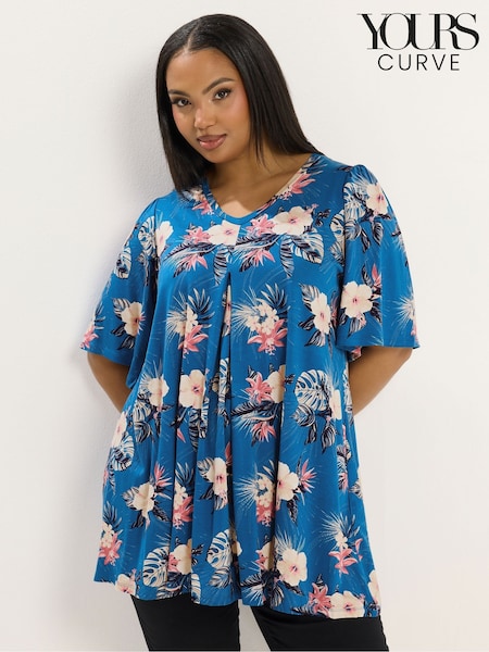 Yours Curve Blue Tropical Pleated Front Top (H05874) | SGD 52