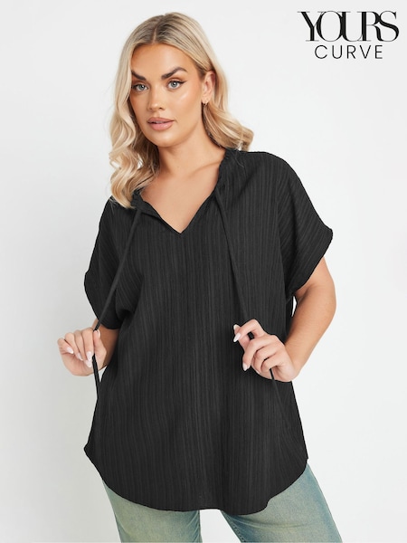 Yours Curve Black Textured Frill Neck Blouse (H05879) | $60